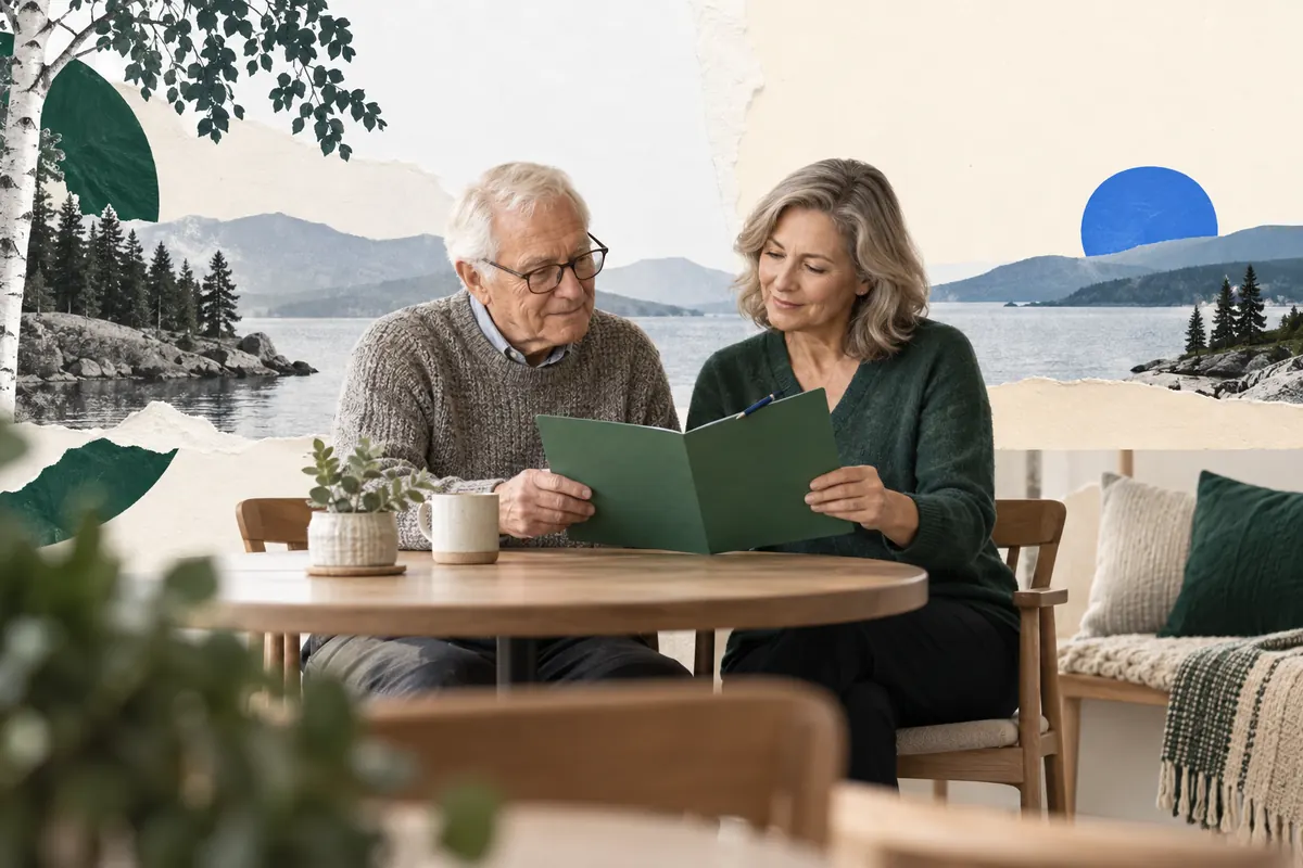 Two partners of different ages reviewing a folder on the RRIF spousal age election